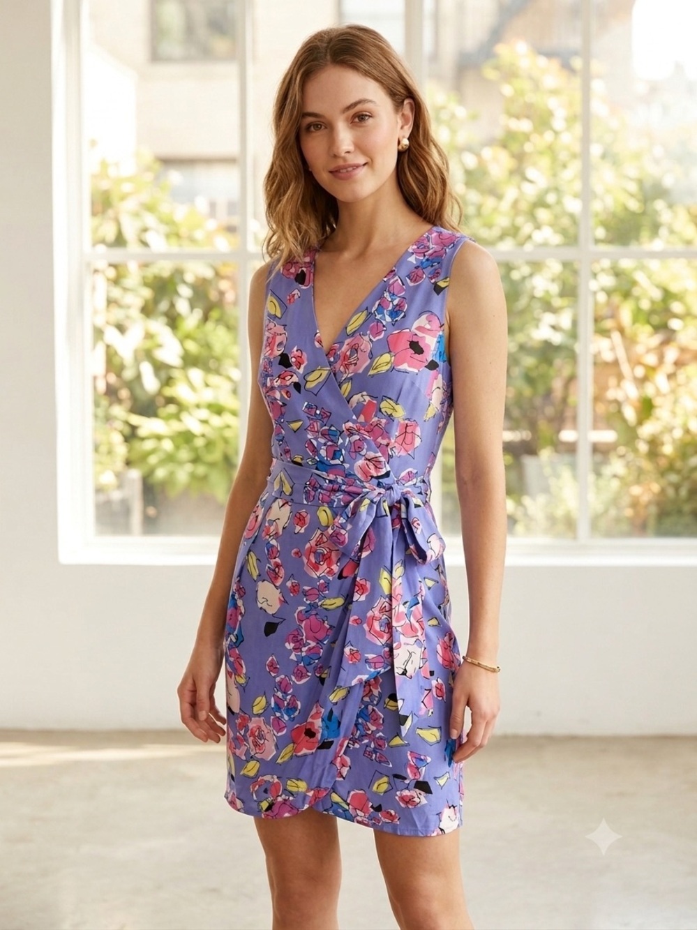 Yumi Kim 100% Silk Faux Wrap Dress Size S Periwinkle Purple Floral Mini V-Neck
